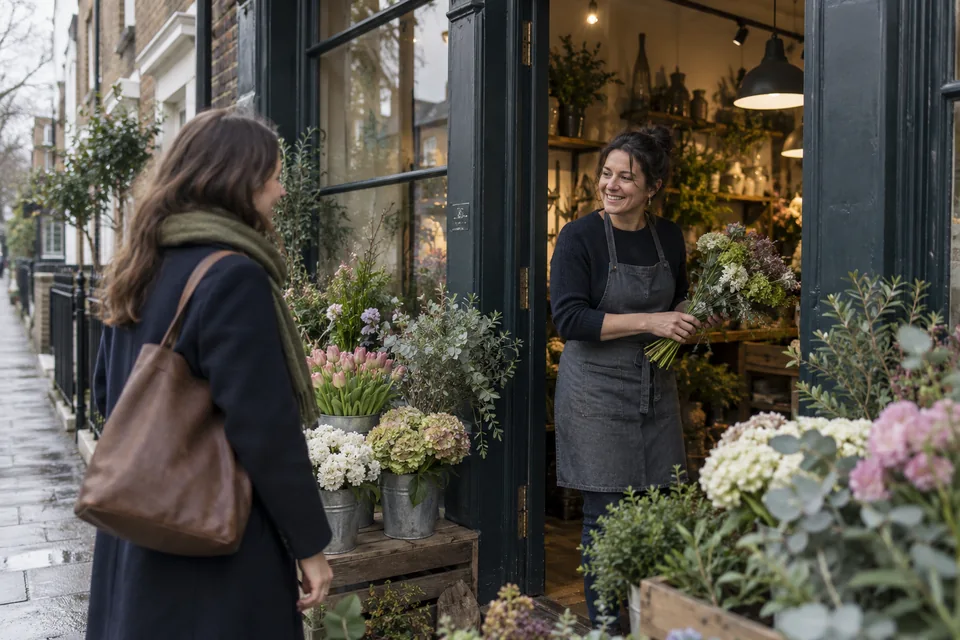 A customer being welcomed into an independent flower shop