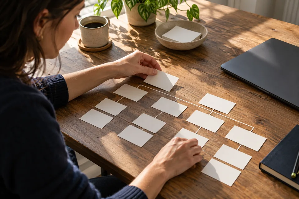 A strategist arranging blank cards into a website structure