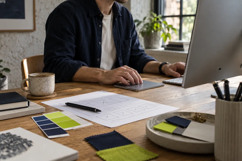 A design workspace with paper wireframes