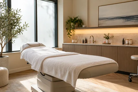 Calm aesthetic consultation room with treatment couch and natural light