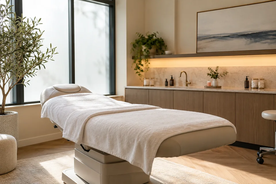 Calm aesthetic consultation room with treatment couch and natural light