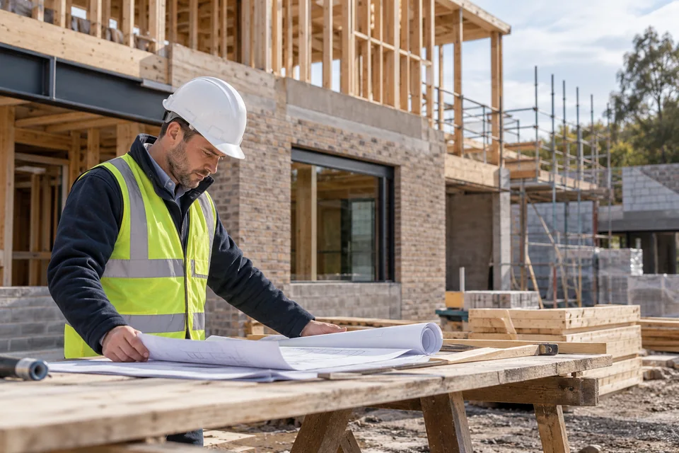 Site manager reviewing plans beside a timber-frame construction project