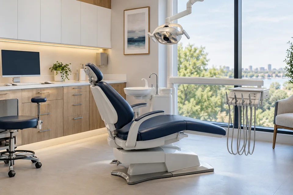 Modern dental consultation room with clinical chair and examination light