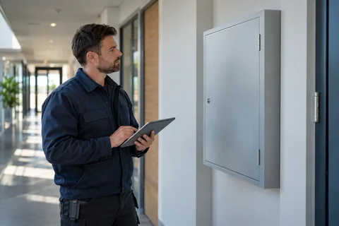 Electrician inspecting a closed electrical enclosure