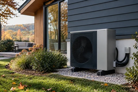 External heat pump and insulated connections beside a house
