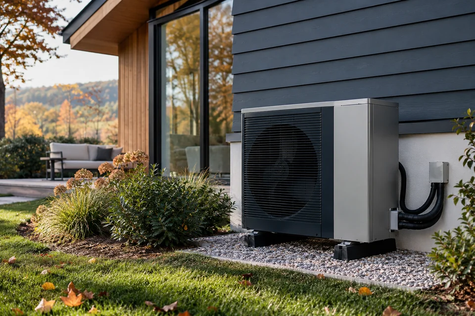 External heat pump and insulated connections beside a house