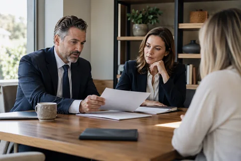 Professionals reviewing documents in a quiet legal consultation room