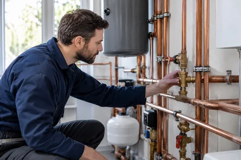 Plumber inspecting copper water pipework in a utility room
