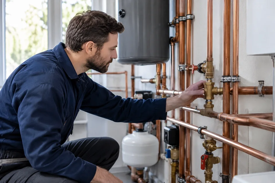 Plumber inspecting copper water pipework in a utility room