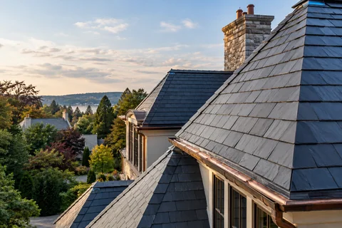 Completed slate roof with carefully finished flashing and guttering