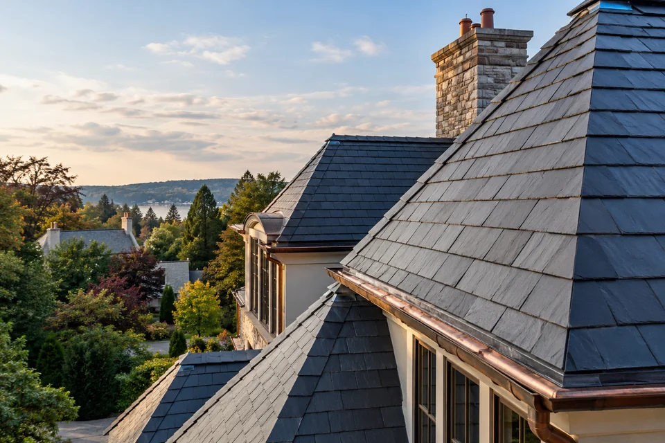 Completed slate roof with carefully finished flashing and guttering