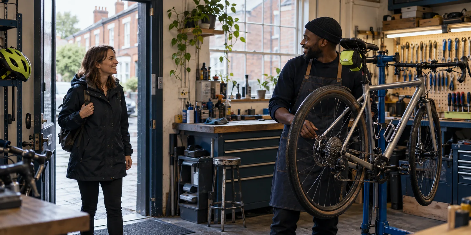 A customer arriving at a bicycle repair workshop