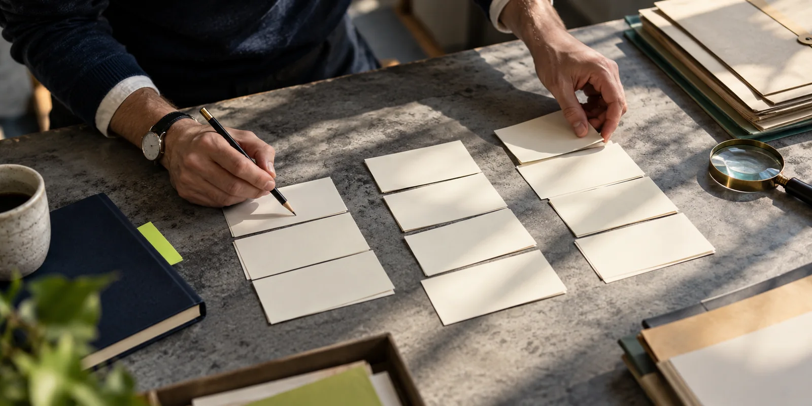 Blank research cards grouped on a desk