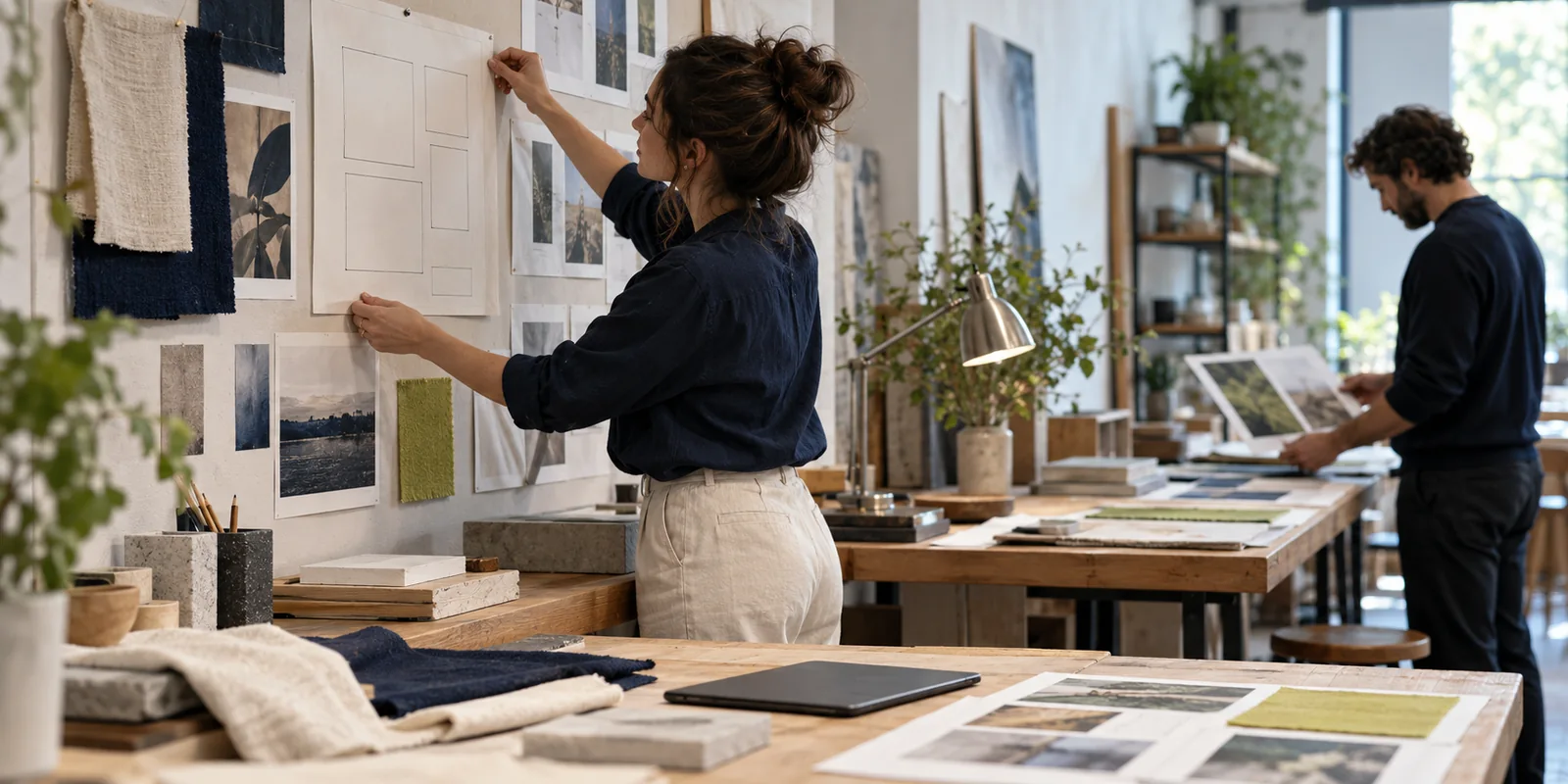 A designer reviewing paper layouts on a studio wall