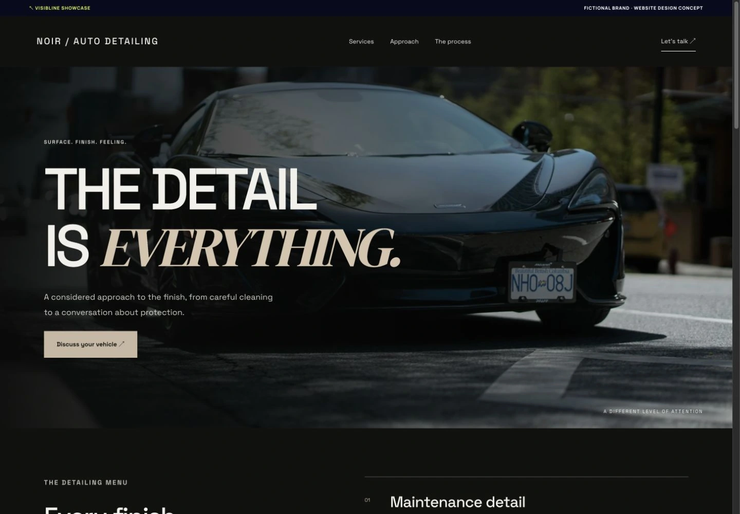 Noir Auto Detailing concept website, captured from the interactive HTML demo