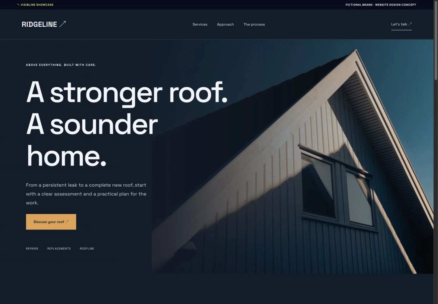 Ridgeline Roofing concept website, captured from the interactive HTML demo